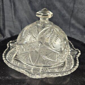 Vintage Clear Pressed Glass Butter/Cheese Dish Removable Dome Lid Sawtooth Edge